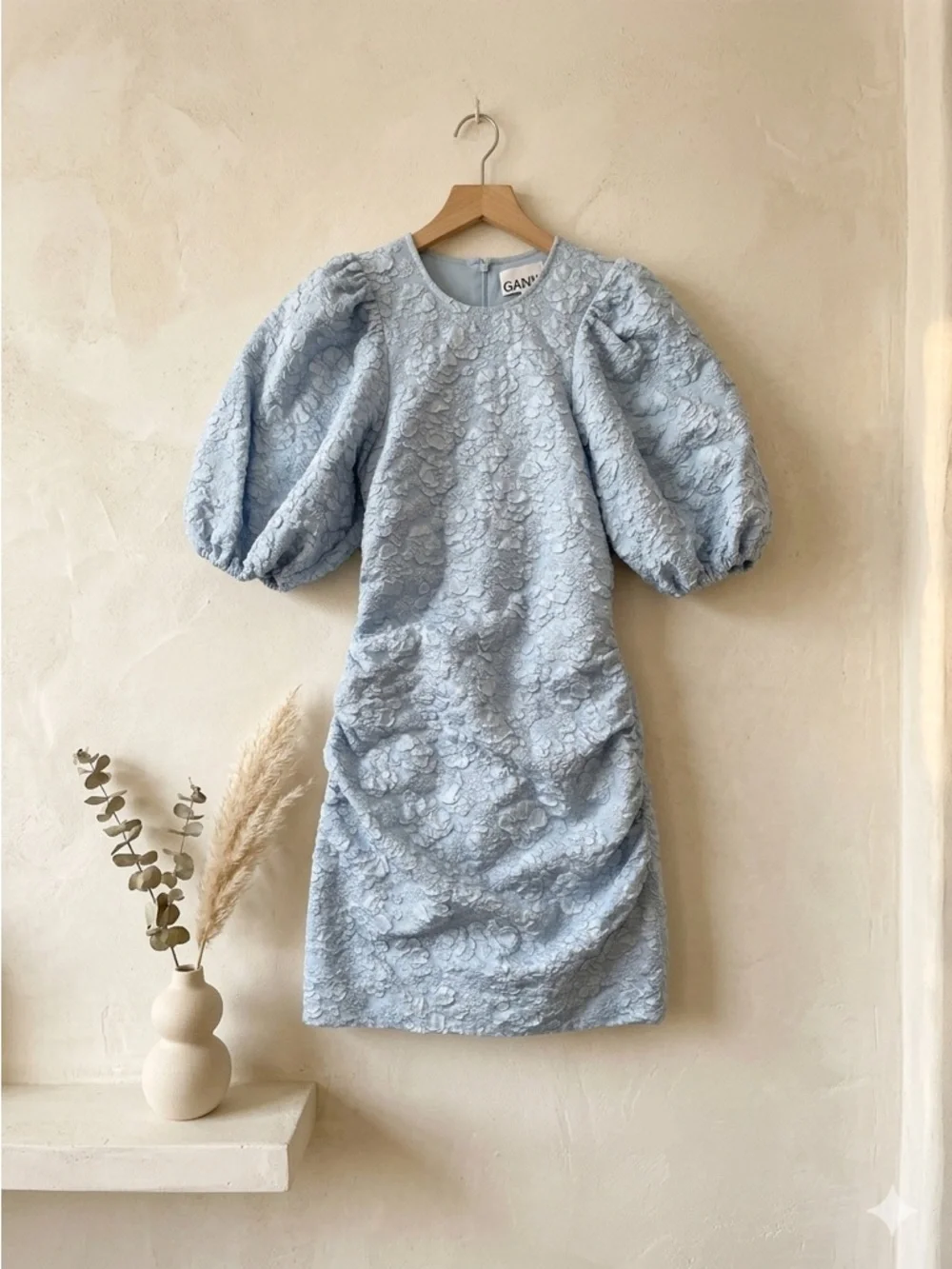 GANNI Sky Blue Jacquard Puff Sleeve Ruched Mini Dress NWT EU 34 US 2 XS - Picture 3 of 16